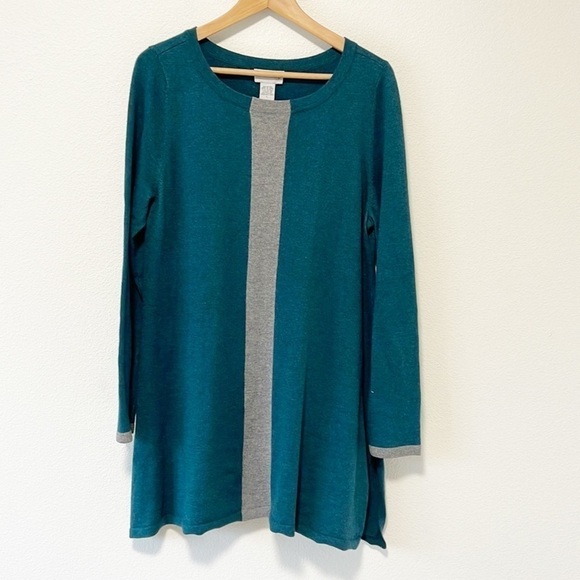 Soft Surroundings Sweater Tunic Long Sleeve Teal Gray Striped Size Large - Picture 1 of 10